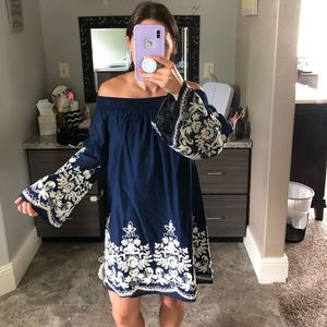 NWT Navy Off The Shoulder Embroidered Dress